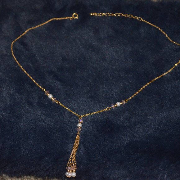 Vintage 3 Gold Chains w/ Pink Faceted Beads & Faux Pearls Chained Necklace - Picture 3 of 4